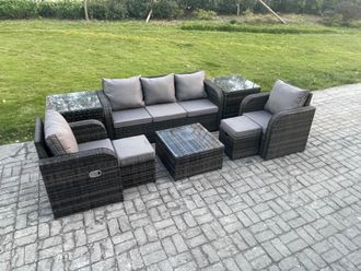 Fimous Patio Garden Furniture Sets Wicker 7 Seater Outdoor Rattan Furniture Sofa Sets with Square Coffee Table 2 Side Tables in Dark Grey