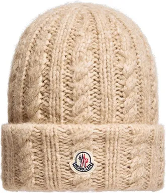 Moncler Moncler Cable Knit Wool Blend Beanie, Women, Beige, Size: One Size