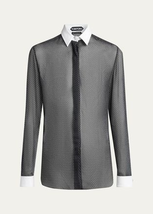 Tom Ford Net-Print Losange Silk Chiffon Button-Down Shirt