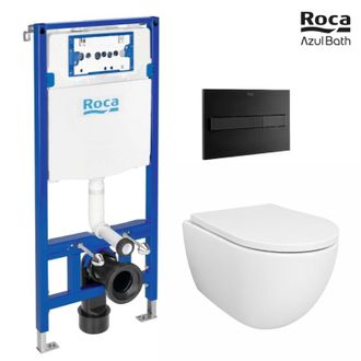 Roca Bastidor Empotrado Roca Duplo Cisterna Empotrada Y Pulsador Pl7 Negro Mate Con Inodoro Suspendido Swiss 53 Cm Tornado Y Soft-close De Azul Bath