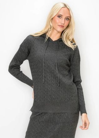 YAL New York Grey Cable Knit Hooded Sweater with Drawstring
