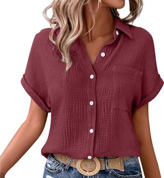 Generic Womens Casual Solid Double Layer Wrinkled Blouse Short Sleeve Ladies Tops Linen White Blouse Button Down T Shirts Loose Fit Summer Clothes for Women