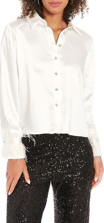 Muse Feather Trim Satin Button-Up Shirt in White at Nordstrom Rack, Size 10