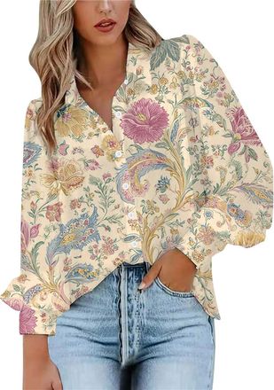 Generic Blouses for Women Puff Long Sleeve V Neck Collared Button Down Shirt Ladies Vintage Floral Print Fashion Tops(Beige, XXXL)