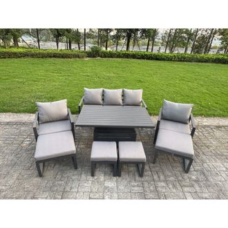 Fimous Fimous Aluminium Garden Furniture Sets 9 Seater Outdoor Sofa Set with Adjustable Rising Lifting Dining Table 2 Chairs 4 Footstools 2 Side Tables
