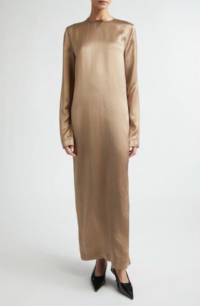 Toteme Long Sleeve Satin Dress in Latte at Nordstrom, Size 12 Us