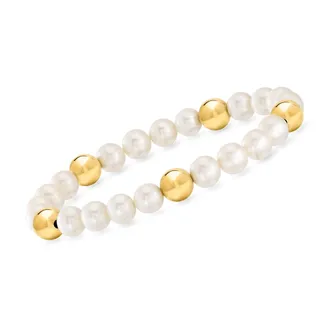 Ross-Simons 7-7.5mm Cultured Pearl and 8mm 14kt Yellow Gold Bead Stretch Bracelet