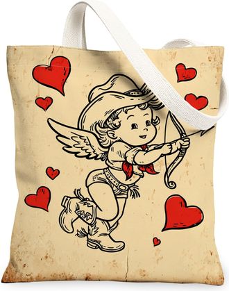 Generic ValentineS Day Vintage Canvas Tote Bags, Love God with Hearts Design Reusable Bags, Lightweight Washable Shoulder Strap Fo, Beige, 13x15 Inch