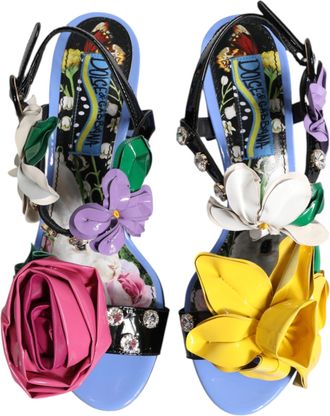 Dolce & Gabbana Womens Multicolor Floral Crystal Keira Sandals Shoes Lambskin Leather