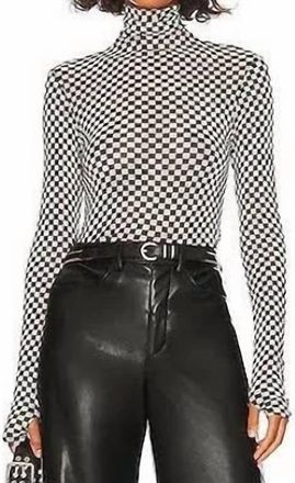 Enza Costa Mesh Checkered Mock Neck Top In Black And White Checkered