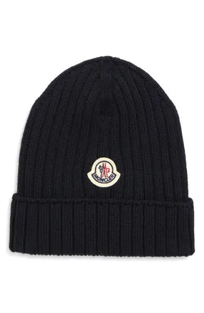 Moncler Ribbed Virgin Wool Beanie in Navy at Nordstrom, Size Xxx-Small