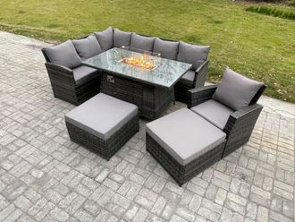 Fimous 9 Seater Rattan Garden Furniture Set High Back Corner Sofa Gas Fire Pit Dining Table Sets Gas Heater with 2 Big Footstool Armchair in Dark Grey