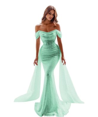 Generic Womens Sparkly Mermaid Prom Dresses Sequin Off Shoulder Detachable Train Formal Evening Dresses Long Trailing Ball Gown Mint Green M