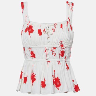 Self Portrait Off-White/red Floral Print Stretch Crepe Wild Daisy Top
