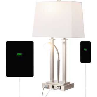 Jonathan Y Designs Blaire 23.75 2-Light Modern Farmhouse Metal LED Table Lamp with USB Charging port in Nickel at Nordstrom