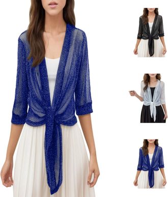 Generic Solid Color Tie Front Cardigan Womens Lightweight Open-Front Cardigan 3/4 Batwing Sleeve Open Front Casual Loose Drape Waterfall Cardigans Black