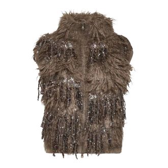 Brunello Cucinelli Gedecoreerd Mohair-Mix Vest - Dames - Jassen - Bruin - Maat: M Mohair