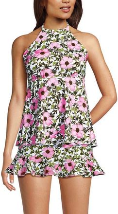 Lands End Flutter High Neck Halter Tankini Top in Floral Blossom/white/pink at Nordstrom, Size Small