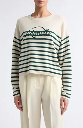 Moncler Embroidered Logo Stripe Virgin Wool Sweater in White/blue at Nordstrom, Size X-Small