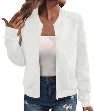 Generic Autumn Jackets For Women Uk, Bomber Jacket Women UK Oversized Textured Lightweight Zip Up Jackets Casual Stand Collar Full Zipper Coats Ladies Autumn 