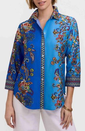 Foxcroft Margaret Floral Three-Quarter Sleeve Cotton Button-Up Shirt in Blue Multi at Nordstrom, Size Small