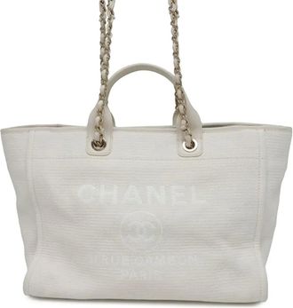 Chanel 2021-2025 medium Deauville canvas vierkante shopper met stiksels - Wit
