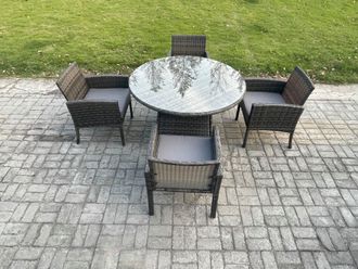 Fimous Wicker PE Outdoor Rattan Garden Furniture Arm Chair & Table Dining Sets 4 Seater Medium Round Table Dark Grey Mixed