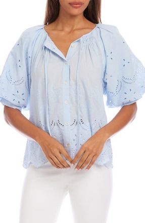 Karen Kane Eyelet Embroidered Cotton Button-Up Top in Blue at Nordstrom, Size X-Small