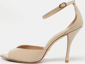 Stuart Weitzman Beige Patent Leather Nudistsong Ankle Strap Sandals