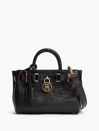Tommy Hilfiger Womens Croc-Embossed Leather Micro Tote Bag - Black