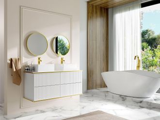 Vente-Unique Mobile per bagno sospeso con scanalature con profilo Dorato e lavabo doppio da appoggio 120 cm Bianco - KELIZA