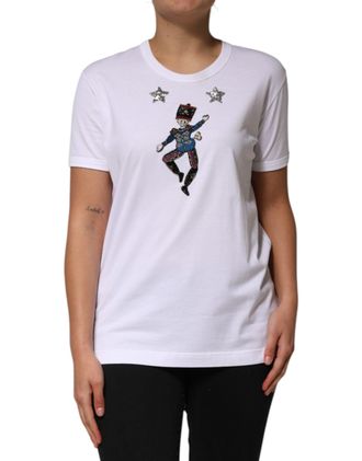 Dolce & Gabbana Womens White Cotton Sequin Embellished Top T-Shirt