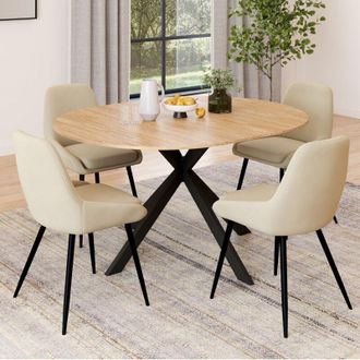 IDMarket Conjunto De Mesa De Comedor Redonda Extensible Alix De Madera Y Negro De 110-150 Cm Y 4 Sillas De Terciopelo Beige Thalya