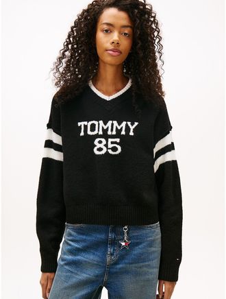 Tommy Hilfiger Womens Tommy Jeans 85 Varsity V-Neck Sweater - Black - XL