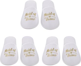 Vosarea Disposable Closed-Toe Wedding Party Slippers for Women, Gold Fabric Bridesmaid Footwear with Maid of Honor Print, 3 Pairs Set for Pajama and Bridal Sh