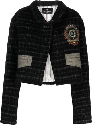 Etro Zwart Jas met Ruitpatroon en Bloemmotief - Dames - Zomerjassen - Zwart - XS - Wol - Jassen