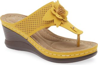 Eddie Marc Yaz Floral Appliqu&eacute; T-Strap Sandal in Yellow at Nordstrom Rack, Size 11
