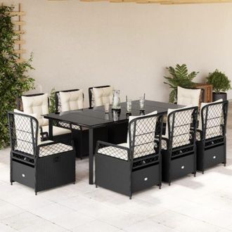 vidaXL Set De Comedor De Jard&iacute;n 9 Pzas Y Cojines Rat&aacute;n Sint&eacute;tico Negro Vidaxl