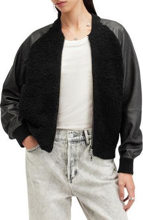 AllSaints Renata Leather Sleeve Wool Blend Bomber Cardigan in Black at Nordstrom Rack, Size X-Small