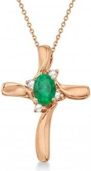 Allurez Lab Emerald & Lab Diamond Cross Necklace Pendant 14k Rose Gold (0.50ct)