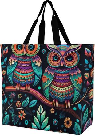 Generic Colorful Owl Pictures Handbag Reusable Grocery Bag Large Capacity Handbags For Casual Work Picnic