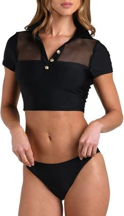 L'agence Anastasi Mesh Inset Polo Bikini Top in Black at Nordstrom, Size X-Large