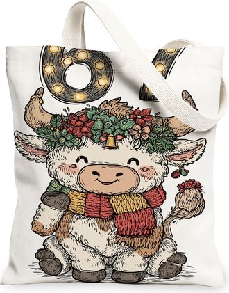 Generic Holiday Cow Canvas Tote Bags, Cute Animal Floral Design Reusable Bags, Winter Lightweight Washable Shoulder Strap Canvas Fo, White, 13x15 Inch