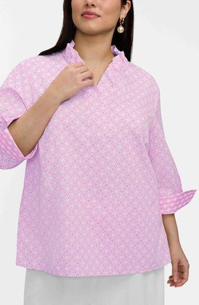 Foxcroft Tammy Geo Lattice Print Ruffle Collar Cotton Top in Pink/White at Nordstrom, Size 2X