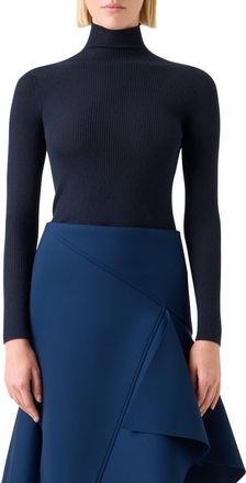 Akris Cashmere & Silk Rib Funnel Neck Sweater in Dark Navy at Nordstrom, Size 16