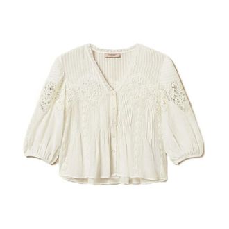 Twinset Blouses, female, White, Size: XS Camicia con manica 3/4 e pizzo