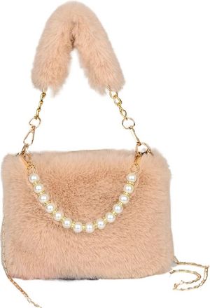 Generic Womens Plush Bags Fluffy Pearl Handbag Fashionable Womens Crossbody Bag Chain Design Autumn Winter Small Versatile(Khaki)