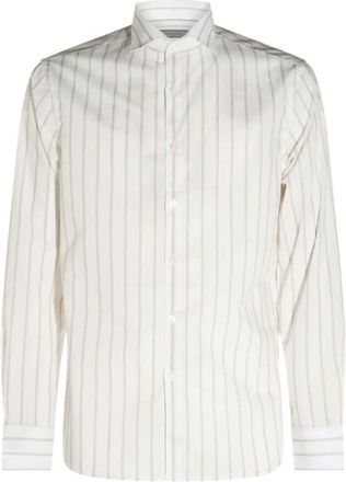 Canali Gestreepte Italiaanse Kraag Shirt - Heren - Casual Overhemden - Beige - L - Katoen - Overhemden