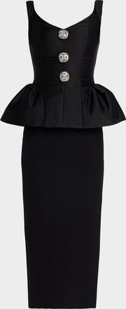 Roland Mouret Crystal Button-Front Sleeveless Peplum Midi Dress