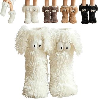 Generic Cozy Socks with Eyes, Winter Warm Fluffy Non-Slip Slipper Socks for Women and Girls, Cute Big Eyes Novelty Animal Design House Socks for Home Office, 